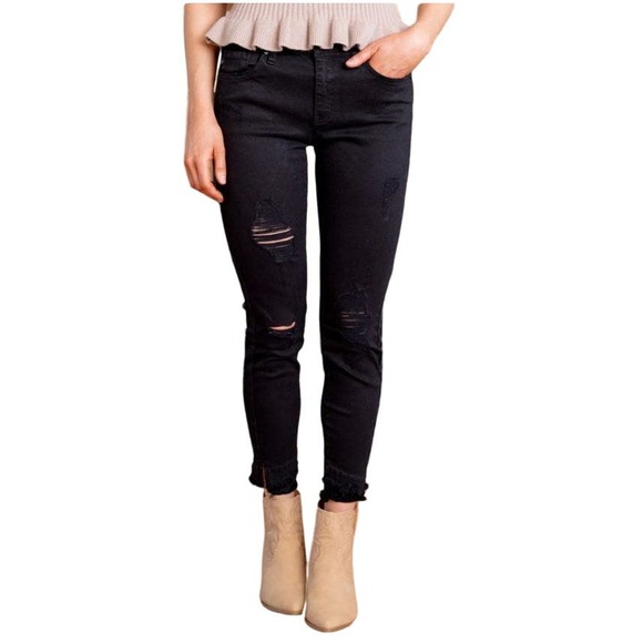 KANCAN $65 Nala Mid Rise Double Fringe‎ Hem Skinny Jean Black XL - Picture 1 of 7